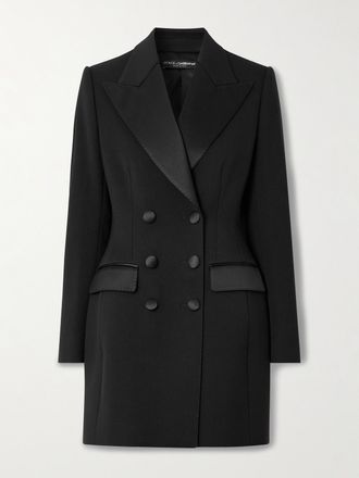 Dolce & Gabbana Cappotto Doppiopetto In Twill Di Misto Lana Con Finiture In Raso Di Misto Seta - Nero