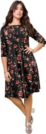 Roaman's Plus Size 3/4 Sleeve Boatneck Swing Dress in Gold Sketch Blossoms at Nordstrom, Size 20