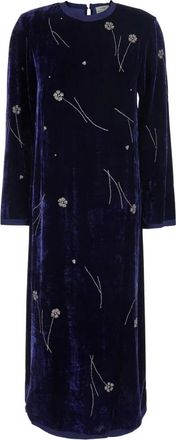 Forte_Forte Fleurs DOrient Fluwelen Midi Jurk - Dames - Casual kleedjes - Blauw - M - Kleedjes