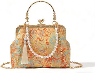 Generic Chinese Style Brocade Evening Clutch Bag, Gold Floral Pattern with Kiss Lock Closure, Chain Shoulder Strap, Tassel Charm, Small Frame Handbag for Wedd