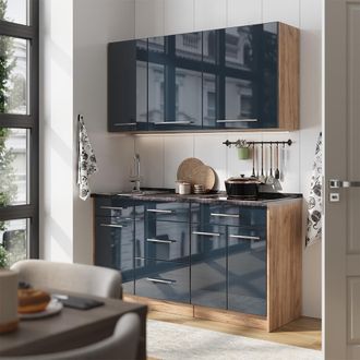 Vicco Cocina Para Solteros Fame-line, Azul Oscuro Alto Brillo/roble Dorado, 150 Cm, Et Antracita, Vicco