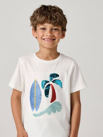 Vertbaudet Jungen T-Shirt mit Wende-Pailletten Oeko-Tex wollwei&szlig;