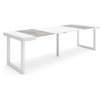 Skraut Home Skraut Home - Mesa Consola Extensible, Mesa Comedor Plegable, 260, Para 12 Comensales, Patas Madera Maciza, Estilo Moderno, Blanco Y Gris Cemento