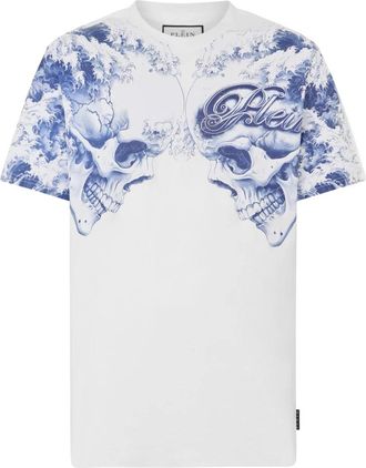 Philipp Plein Tops, Heren, Wit, XS, Katoen, Ronde Hals T-Shirt Ceramic Skulls
