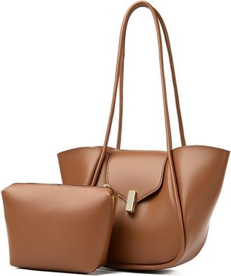 Generic PU Leather Simple Tote Handbag for Female for School Work Travel (Light Brown)