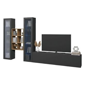 Dmora Pared Equipada Dcorrei, Conjunto De Sal&oacute;n Mueble De Tv Con 3 Puertas, Mueble De Sal&oacute;n Polivalente Con Vitrina Y Luz Led, 100% Made In Italy, Cm 320x30