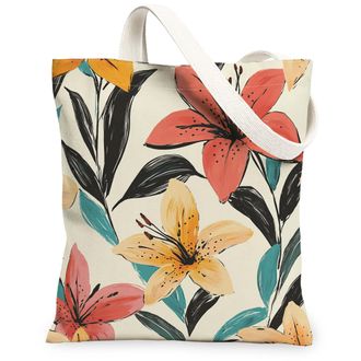 Generic Spring Lily Flower Canvas Tote Bag for Shopping 13x15, Vintage Retro Florals Reusable Grocery Print Bag for Women, Fun Aesthetic Beach Aesthetic Paint