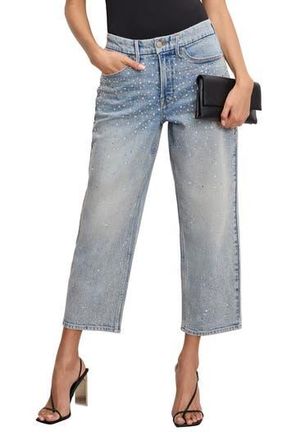 Good American Crystal Stars Good 90s Crop Straight Leg Jeans in Indigo908 at Nordstrom Rack, Size 10