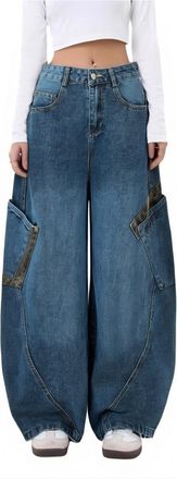 Generic Low Rise Baggy Jeans for Women UK - Womens Wide Leg Jeans Boyfriend Loose Denim Trousers Oversized Vintage Fashion Multi-Pocket Casual Comfy Ladies Ca