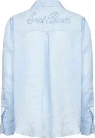 MC2 Saint Barth Womens Shirt Crystal Embroidered Light Blue Linen