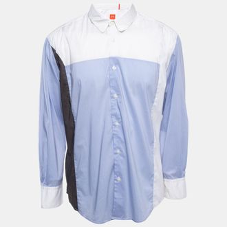 HUGO BOSS Boss Orange By Hugo Boss White/blue Cotton Blend Button Front Full Sleeve Shirt