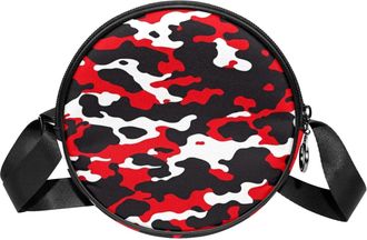 Generic Circle Crossbody Bag for Women, Red Camouflage Small Sling Bag Daypack with Zipper Adjustable Shoulder Straps Casual Ladies Girls Round Purse