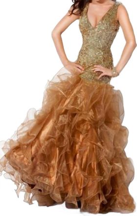 Jovani Long Ruffle Prom Dress In Gold