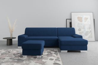 Domo Collection Ecksofa »Anzio L-Form, whlw. Bettfunktion, Federkern, hochwertig, Breite 271 cm« Ohne Bettfunktion, Recamiere rechts, Samtoptik, marine