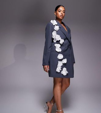 Asos Curve - Vestito blazer grigio con fiori 3D