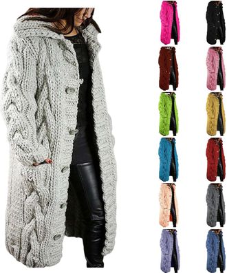 Generic Cardigans for Women UK Plus Size, Longline Chunky Knitted Cardigan, Warm Cable Knit Button Down Hooded Sweater Coat with Pockets, Oversized Cardigans 