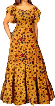 Generic African Dresses for Women Short Sleeve High Waist Dashiki Outfits Ankara Print Attire Maxi Dress 748 XL