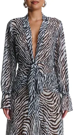 Naked Wardrobe Plunge Tie Front Chiffon Top in Zebra White/Black at Nordstrom, Size X-Small