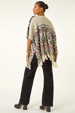 Roman Jacquard Tassel Trim Poncho
