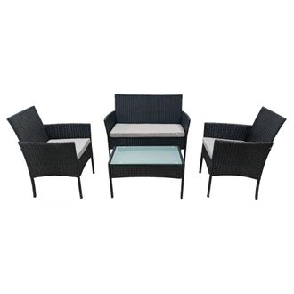 Happy Garden Conjunto de jard&iacute;n 4 plazas resina trenzada negra tela gris