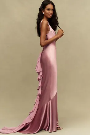 Retrof&ecirc;te Ambrosia Straight-Neck Ruffled Satin Maxi Dress