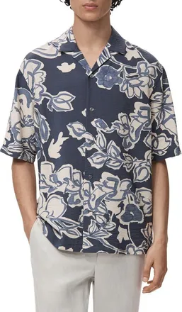 Mango Wrinkled Effect Floral Camp Shirt in Navy at Nordstrom, Size X-Large