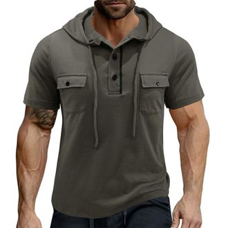 Generic Pocket T Shirts for Men Short Sleeve Hoodie Half Button Hooded Tshirt Workout Gym Shirt Athletic Muscle Pullover Tops Camisa Casual para Hombre(Green,