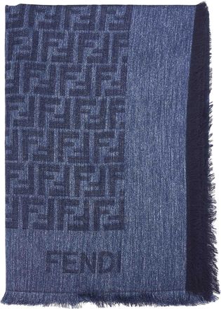Fendi Womens Shawl Ff Denim Blue Cotton-Wool Scarf Scarfs
