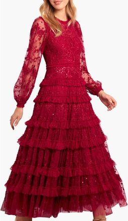 Needle & Thread Blossom Long Sleeve Lace Ankle Gown in Red at Nordstrom, Size 14