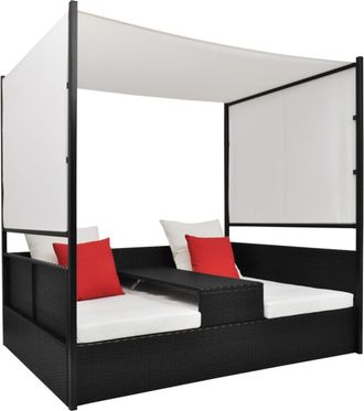 vidaXL Vidaxl - Cama De Jard&iacute;n Con Toldo Rat&aacute;n Sint&eacute;tico Negro 190x130 Cm