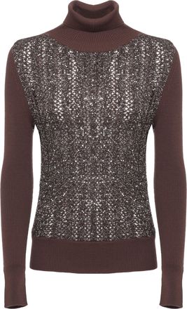 D.exterior Brown High Neck Ribbed Sequin Wool Sweater