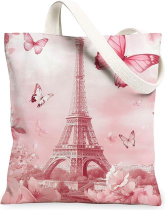 Generic Butterfly Canvas Tote Bags, Floral Paris Tower Pattern Reusable Grocery Bags, Spring Vintage Lightweight Washable Shoulder Strap Canvas for Travel Pic