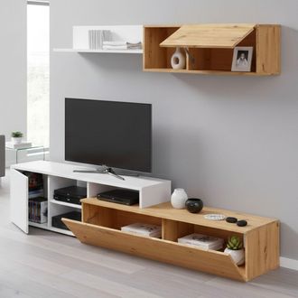 Dmora Pared Equipada Dianes, Mueble De Tv Para Sal&oacute;n, Composici&oacute;n De Sal&oacute;n Con Mueble Alto Y Estanter&iacute;a, 220x40h44 Cm, Roble Efecto Nudo Y Blanco - Dmora