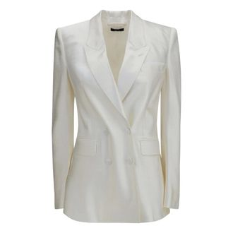 Tom Ford Dubbelrijige blazer met piek revers en schuine kleine polkadot print - Dames - Jassen - Wit - Maat: 3XS Zijde