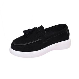 Generic Black Feminine Fashionable Loafers Adorned with Tassel and Round Toe One-Foot Flat for Daily Activities