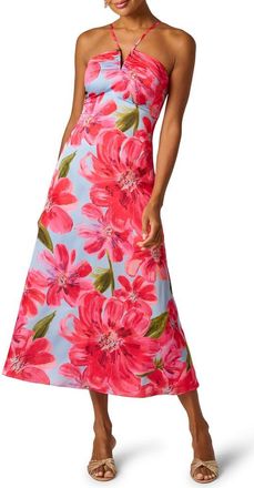 Adrianna Papell Floral Satin Crepe Halter Maxi Dress in Blue/Pink Multi at Nordstrom, Size 14