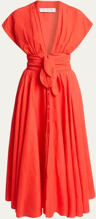 Alaia Plunging Belted Linen Midi Dress