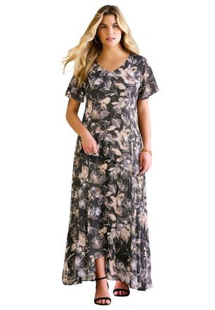 Roaman's Plus Size Hand Crinkled Flutter-Sleeve Maxi Dress in Black Painterly Rose at Nordstrom, Size 32P