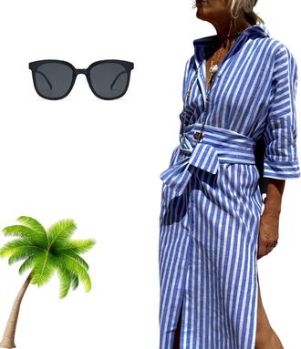Generic Aviationp Classic Striped Lace-Up Shirt Dress, 2025 Womens Casual Lapel 3/4 Sleeve Button Down Belted Slit Shirt Maxi Dress (Blue,S)