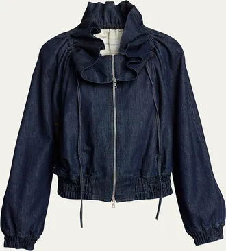 Dries Van Noten Voly Ruffle-Collar Denim Zip Jacket