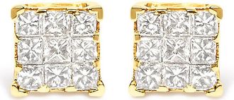 House of Brilliance 14K Yellow Gold 1/2 Cttw Invisible Set Princess-Cut Diamond 9 Stone Square Stud Earrings