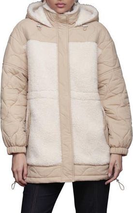 Avec Les Filles Hooded Nylon & Faux Shearling Anorak in Sand/Bone at Nordstrom Rack, Size X-Small