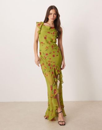 Asos Vestito lungo con maniche con volant e fondo asimmetrico ad anello verde a fiori-Multicolore