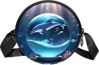 Generic Circle Crossbody Bag for Women, Dolphin Crystal Ball Small Sling Bag Daypack with Zipper Adjustable Shoulder Straps Casual Ladies Girls Round Purse