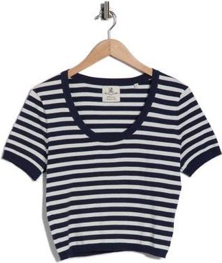Denimist Stripe Short Sleeve Crop Sweater in Navy /Ecru Stripe at Nordstrom Rack, Size Xx-Small
