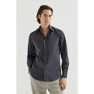 Brunello Cucinelli Double pinstripe cotton shirt with Italian collar and chest pocket in Dark Grey at Nordstrom, Size Medium