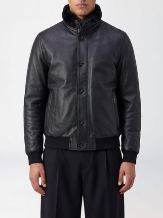 Moorer Goose Down Padded Leather Bomber Jacket with Fur High Collar