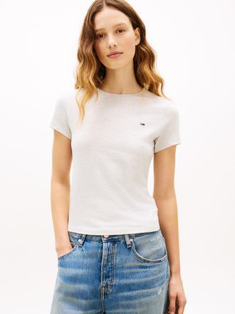 Tommy Jeans Kurzarmshirt TOMMY JEANS TJW SLIM C-NECK TEE, Damen, Gr. XL (42), ice grau heather, Single Jersey, Obermaterial: 100% Baumwolle, meliert, slim fit h&uuml;f