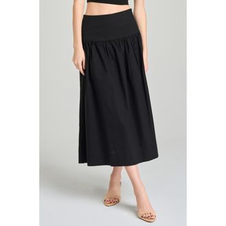 Wayf Mia Stretch Cotton Midi Skirt in Black at Nordstrom, Size X-Large