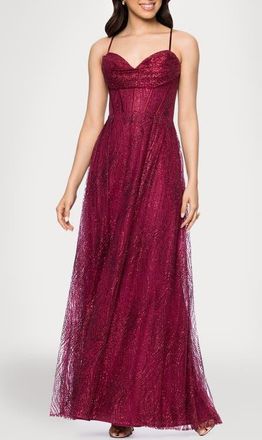 Blondie Nites Glitter Drape Lace-Up Gown in Wine at Nordstrom, Size 13